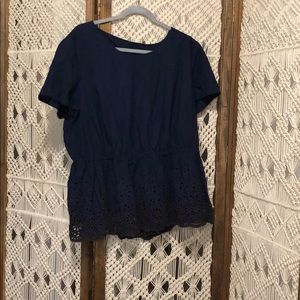 Navy Peplum Top with Embroidery